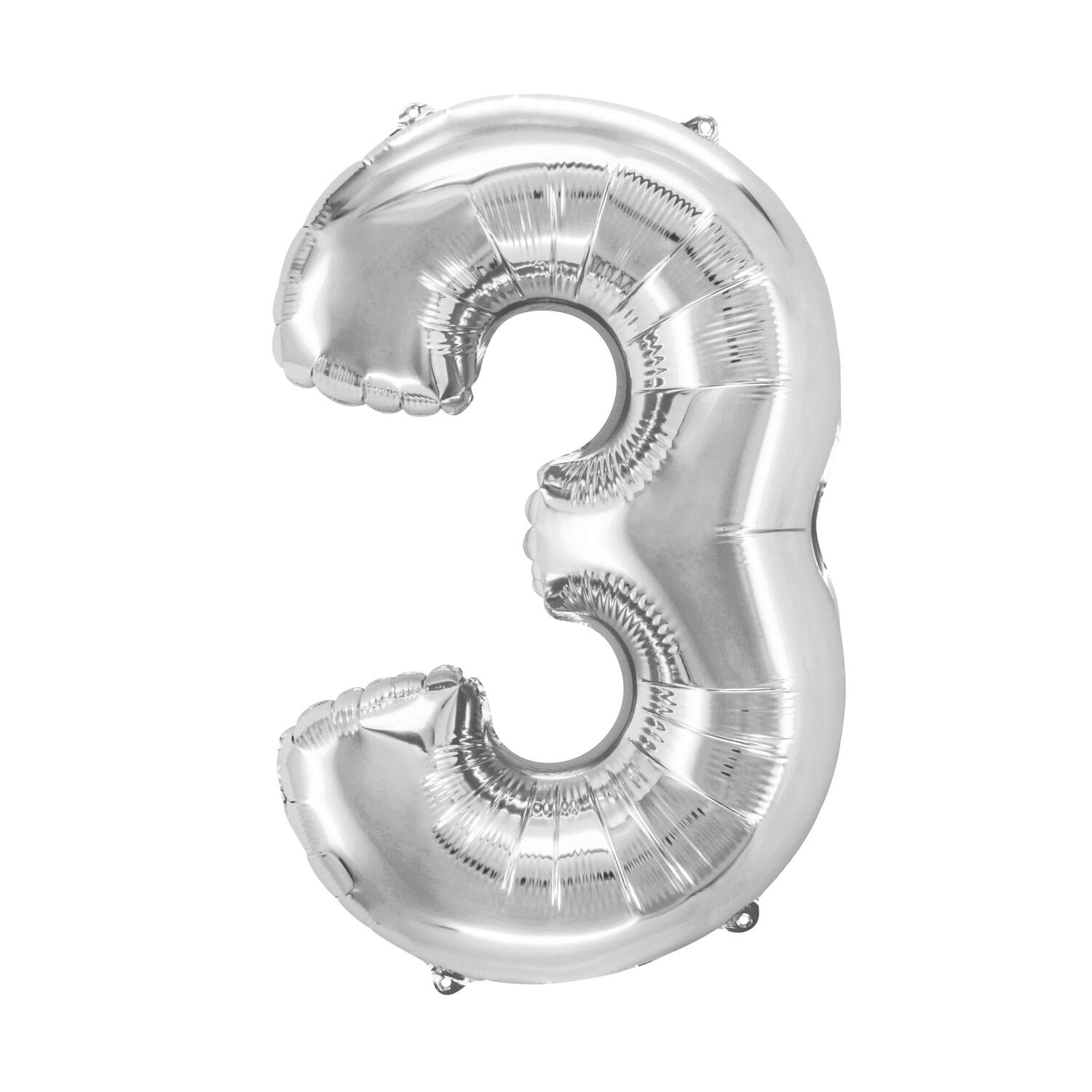 Folienballon Zahlenballon Zahl 3 silber ca. 80cm, 1 Stk.