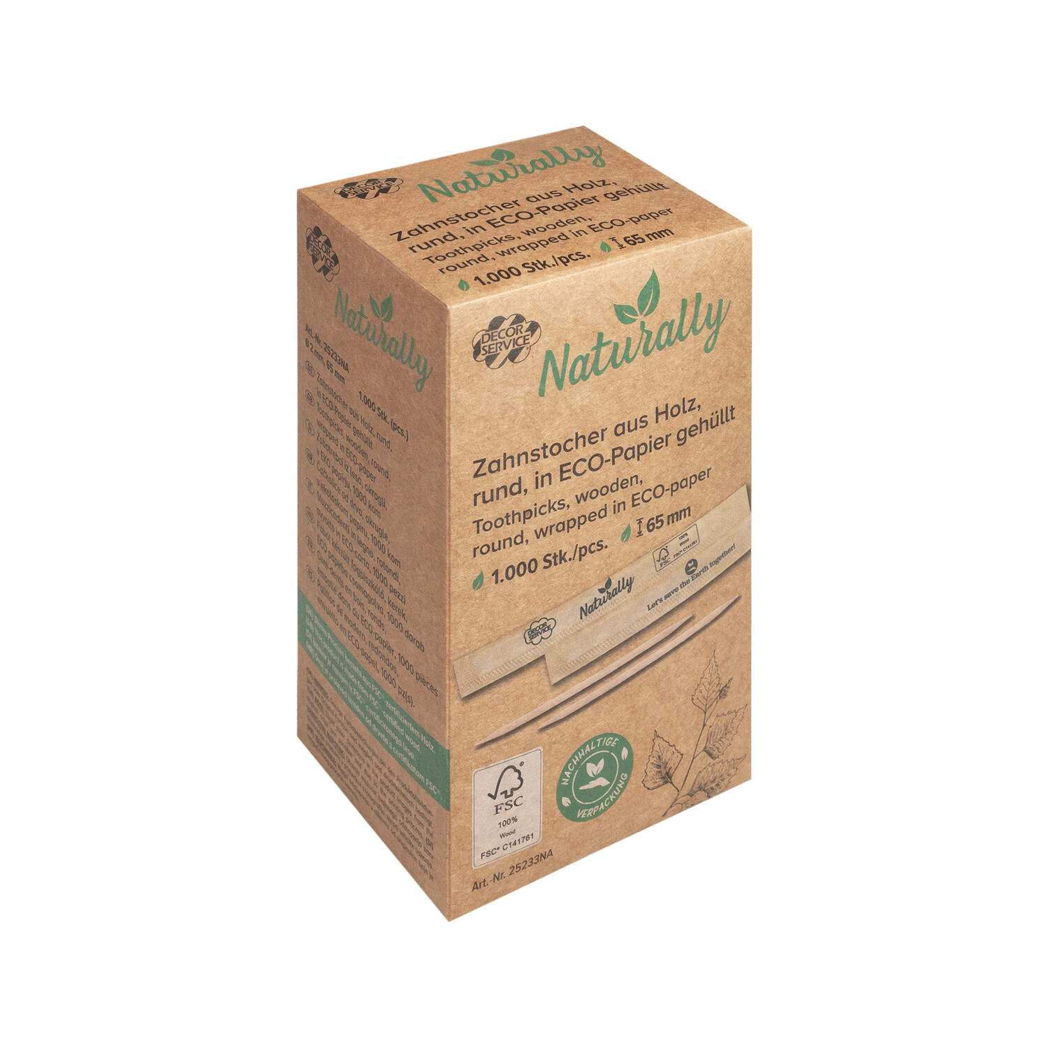 Zahnstocher aus Holz, rund, in ECO-Papier geh�llt, �2mm, 65mm, 1000 Stk.