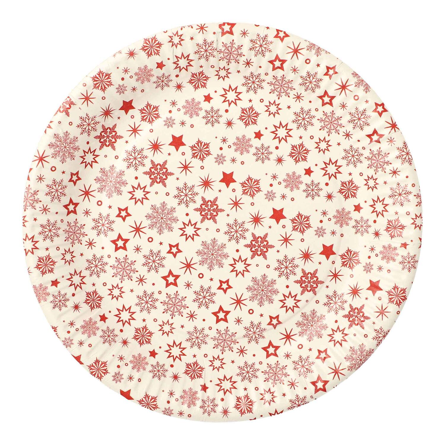 Pappteller rund  23 cm weiss mit roten Schneeflocken, 30 Stk.