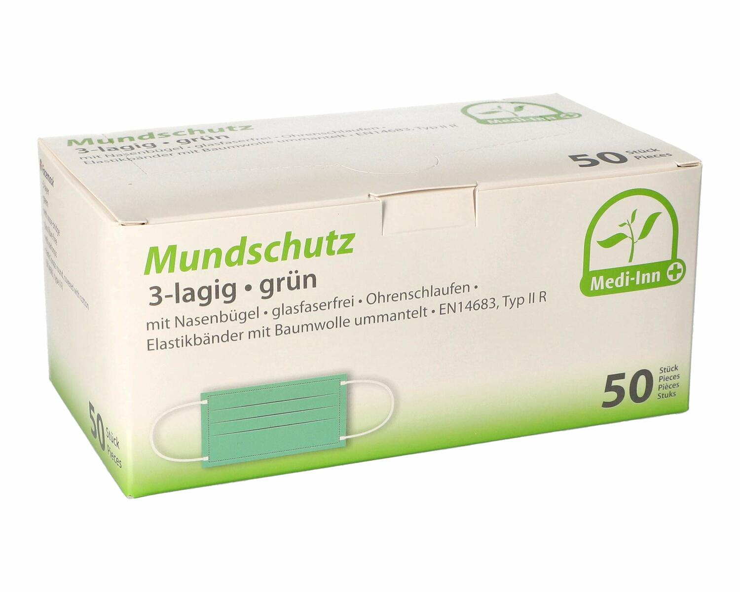 Mundschutz Typ IIR 3-lagig 9 cm x 17,5 cm Nasenbgel Elastikbndern grn 50 Stk.