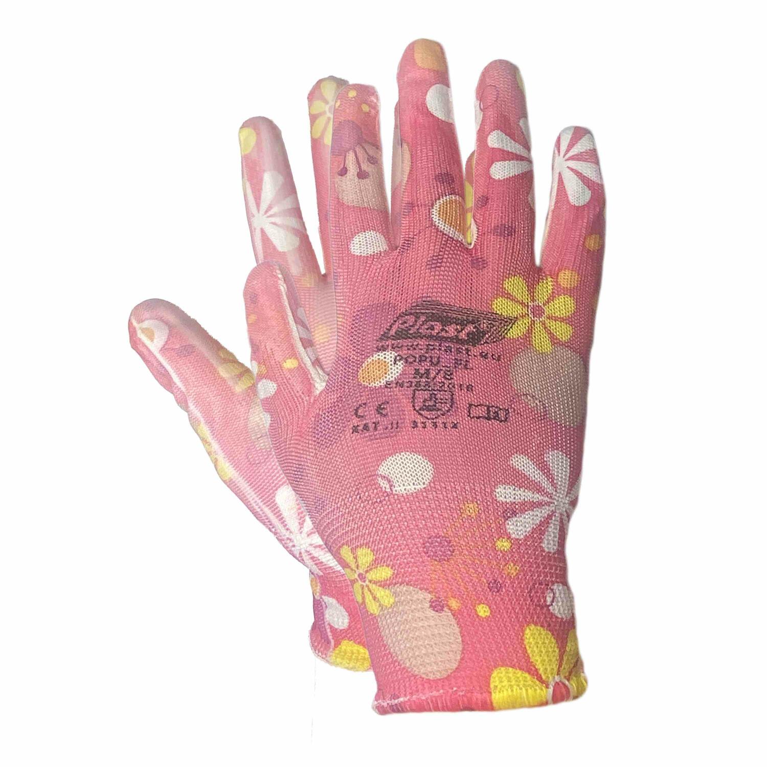 Arbeitshandschuhe, Montagehandschuhe Polyester - Polyurethan Gre M-8, dunkle Blumen, 12 Paar