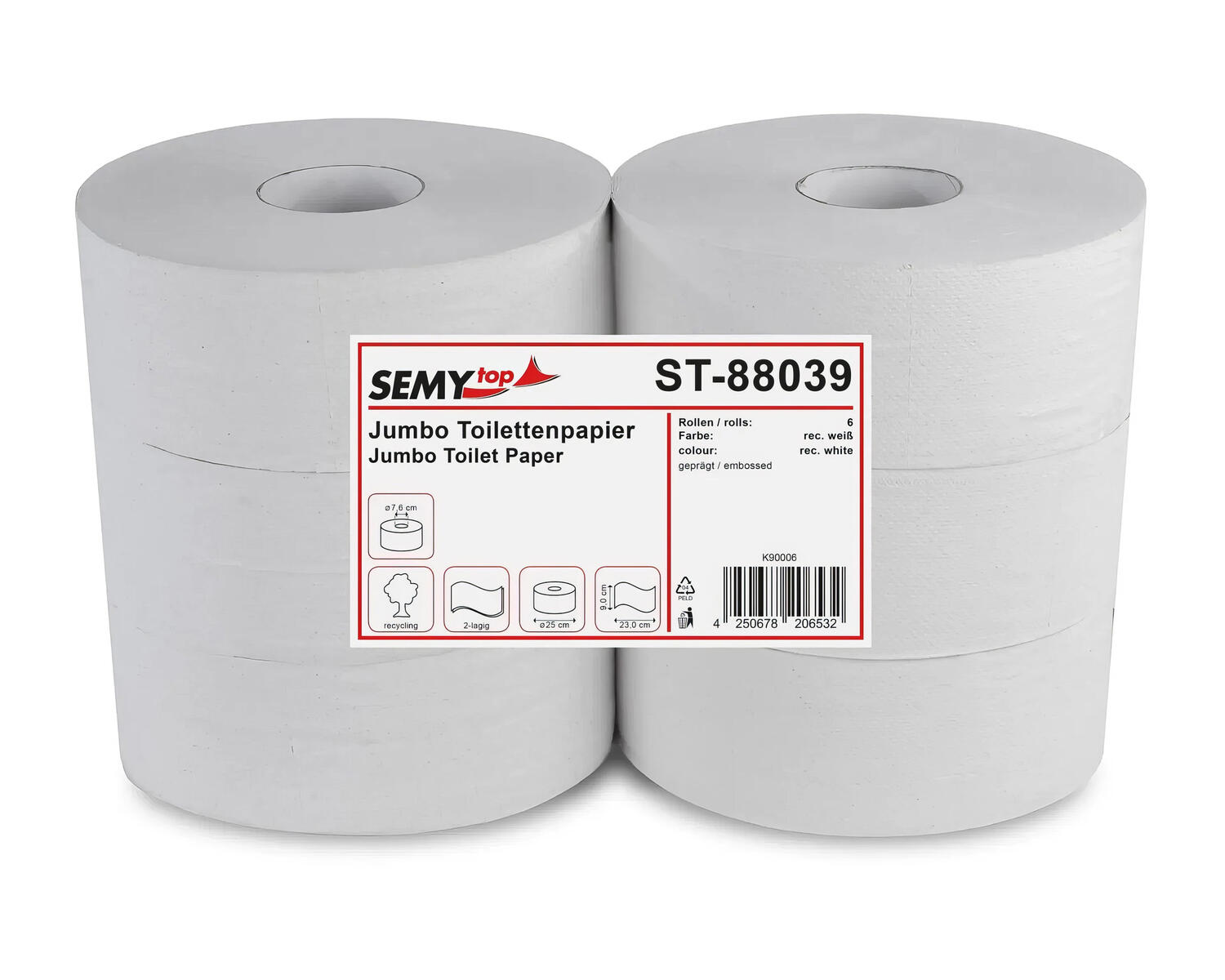 Jumbo Toilettenpapier 2-lagig Recyclingpapier Kerndurchmesser 7.6 cm, 6 Rollen