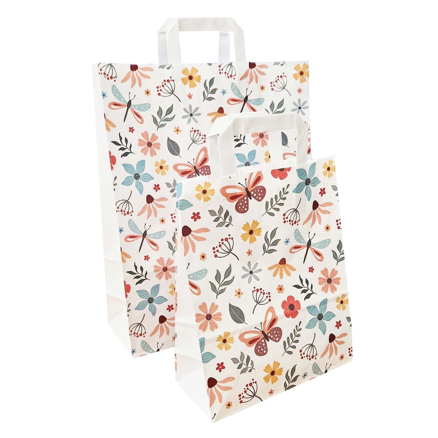 Papiertragetaschen aus Kraftpapier 220+100x280mm mit Schmetterling Motiv wei�, 250 Stk