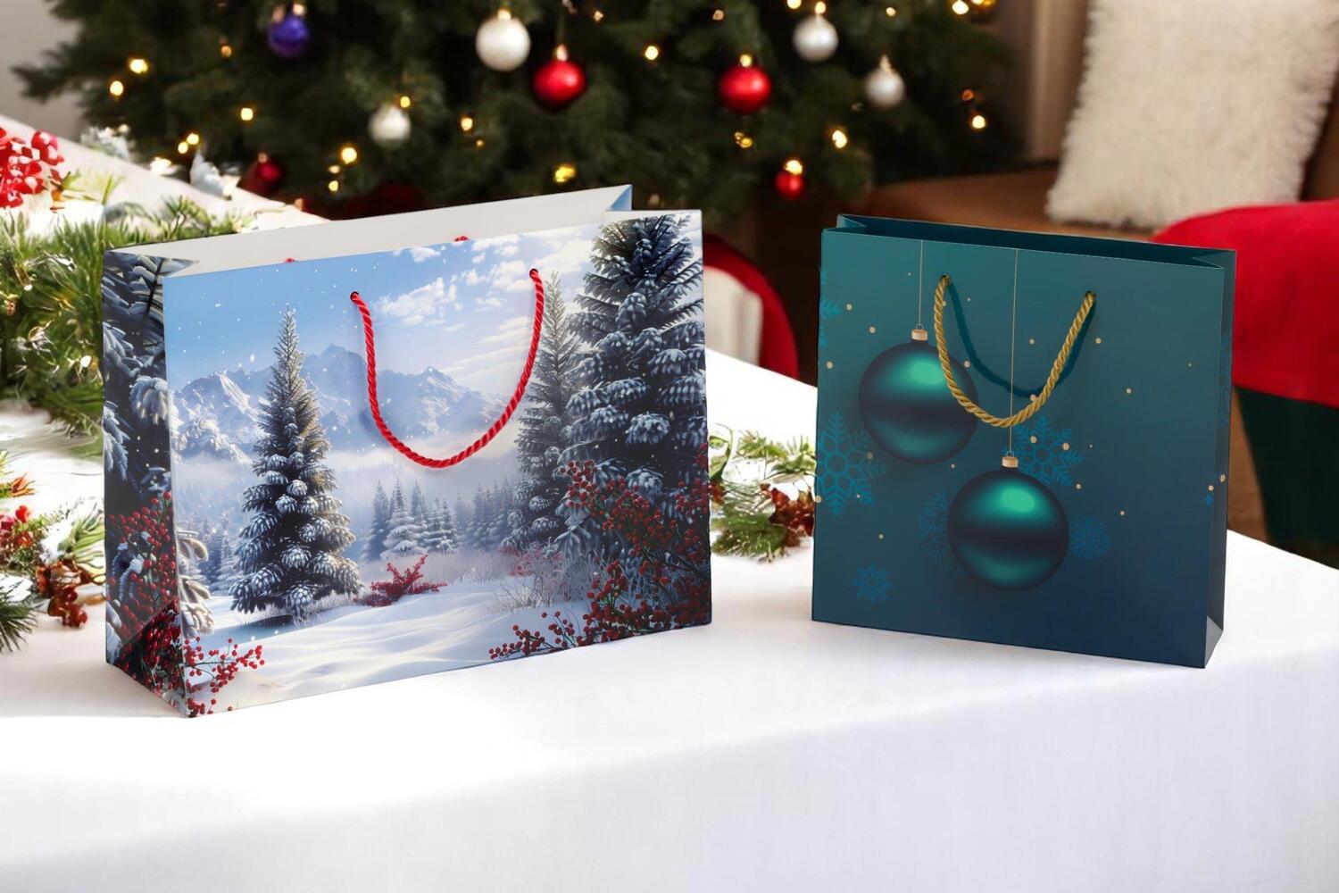 Luxus Papiertragetaschen 250+ 60x250mm Weihnachtskugeln in Petrolblau 190 g/m