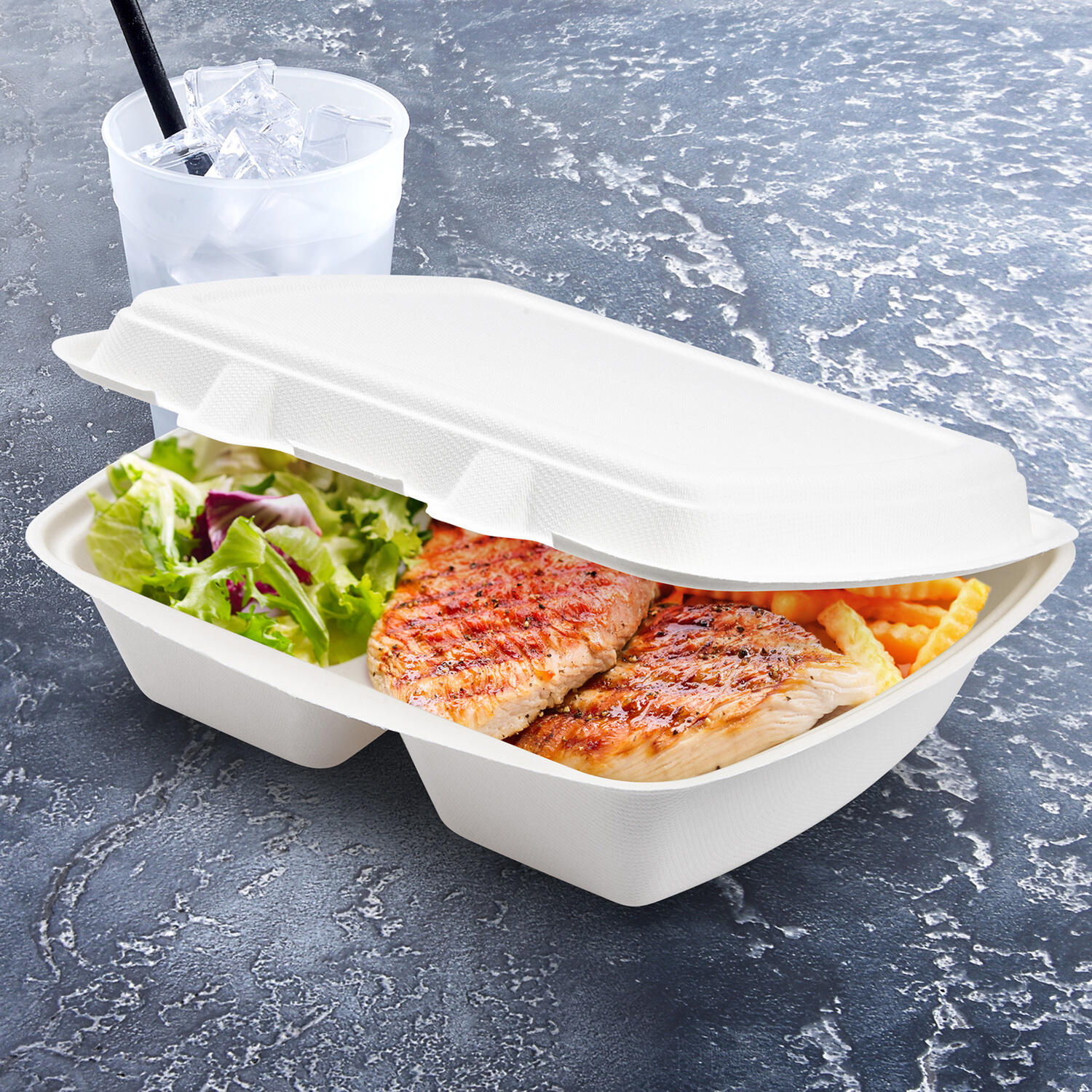 Bio Men�boxen Lunch-Boxen 2-geteilt aus Zuckerrohr Bagasse 1000ml 241x202x70mm, 50 Stk.