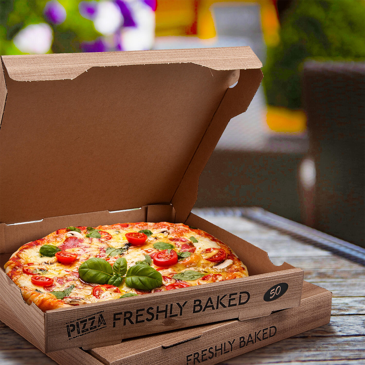 Pizzakarton aus Mikrowellpappe H4 mit neutralem Motiv fr XXL Pizzen, 50x50x5cm, 100 Stk.