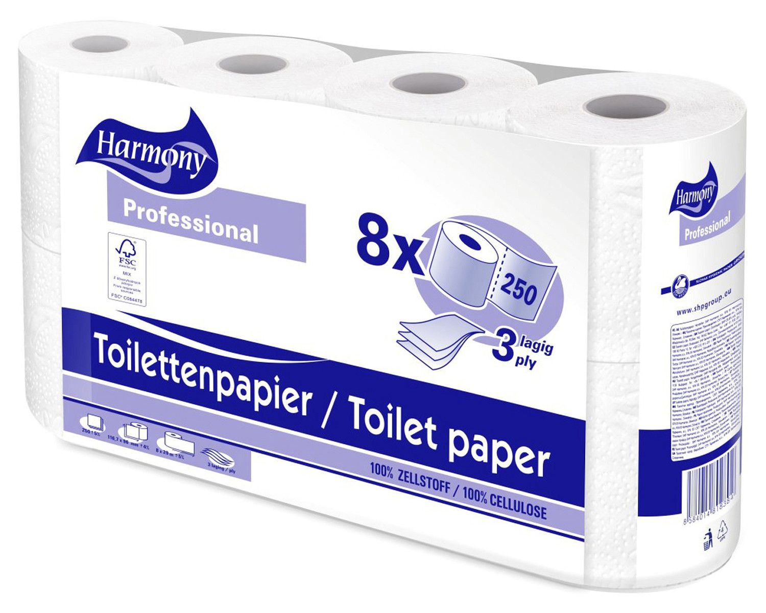 Toilettenpapier 3-lagig Harmony Professional 250 Blatt FSC-zertifiziert, 8 Stk.